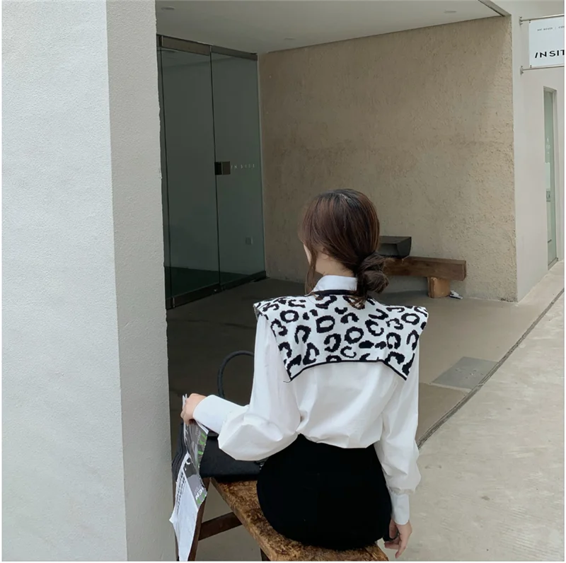 

vintage long sleeve Blouses white patchwork Leopard shawl loose Shirts fashion Women's Clothing spring autumn streetwear tops