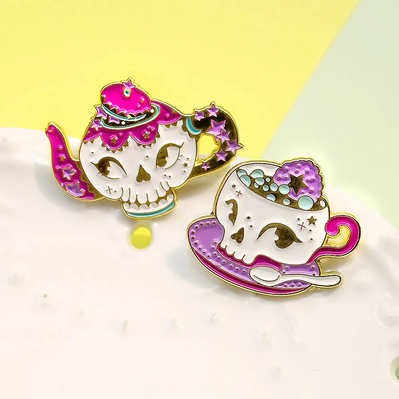 Красивый чайник с черепом кофейная чашка эмаль брошь милый мультфильм посуда