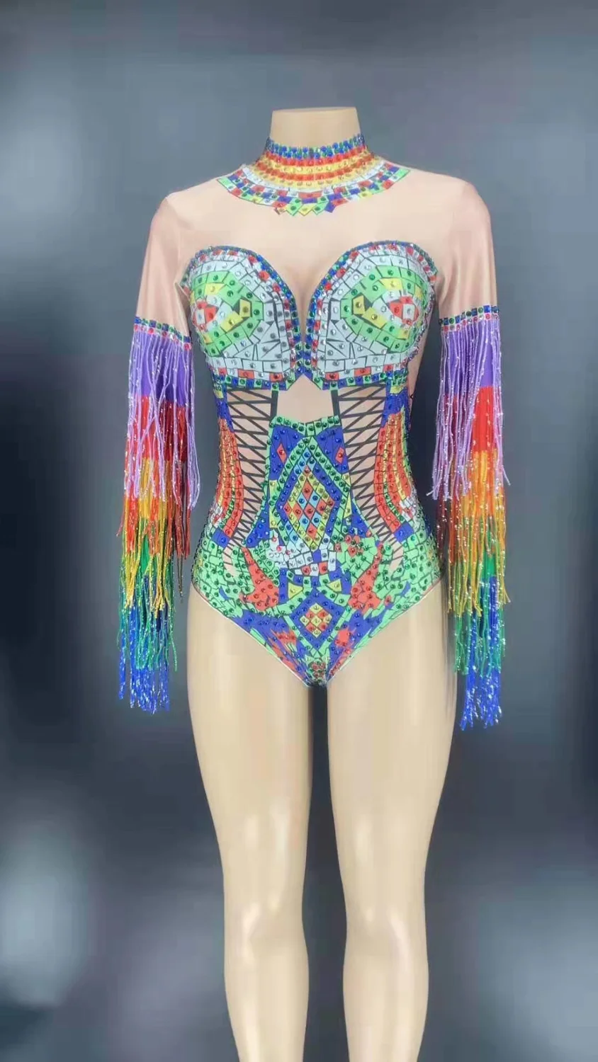 2020 New Sexy Costumes Bodysuit Women Rhinestones+Tassel Crystals Fringe Bodysuits For Club/Party/Singer/Dancer/Costume C23