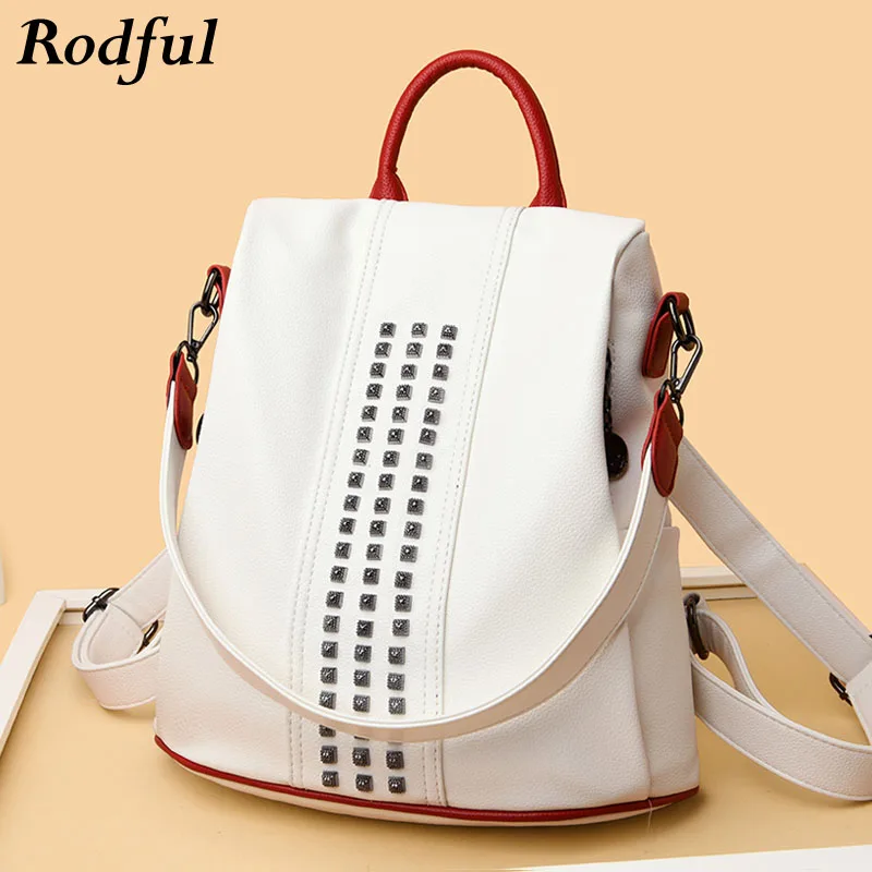 Женский кожаный рюкзак Белый Водонепроницаемый школьный ранец с защитой от