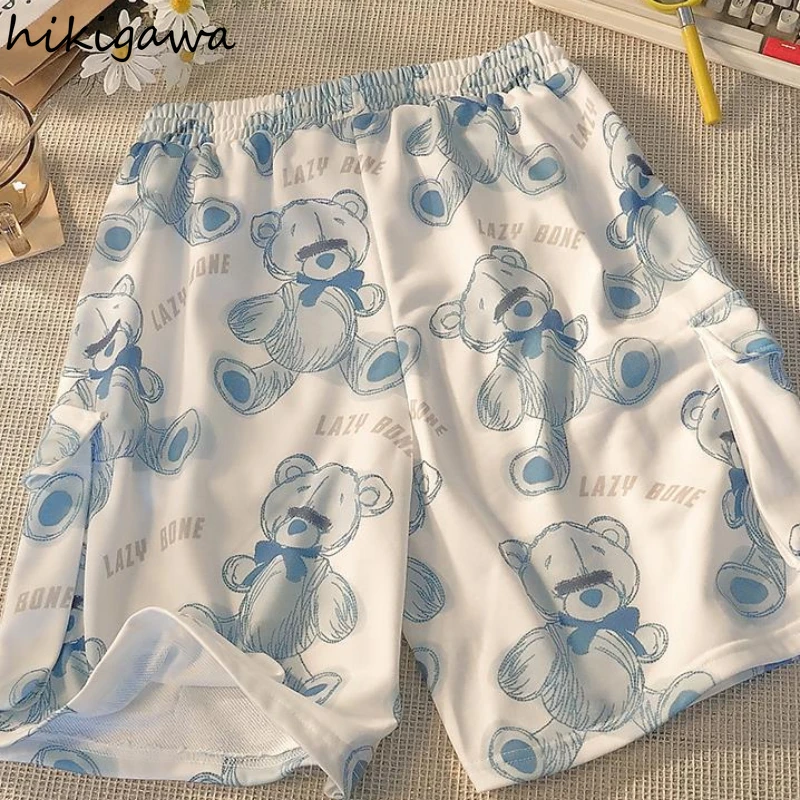 

Hikigawa Bear Cartoon Print Short Pants Women Kawaii Fashion Japanese Men Shorts Pockets Loose Straight Pant Mujer Pantalones