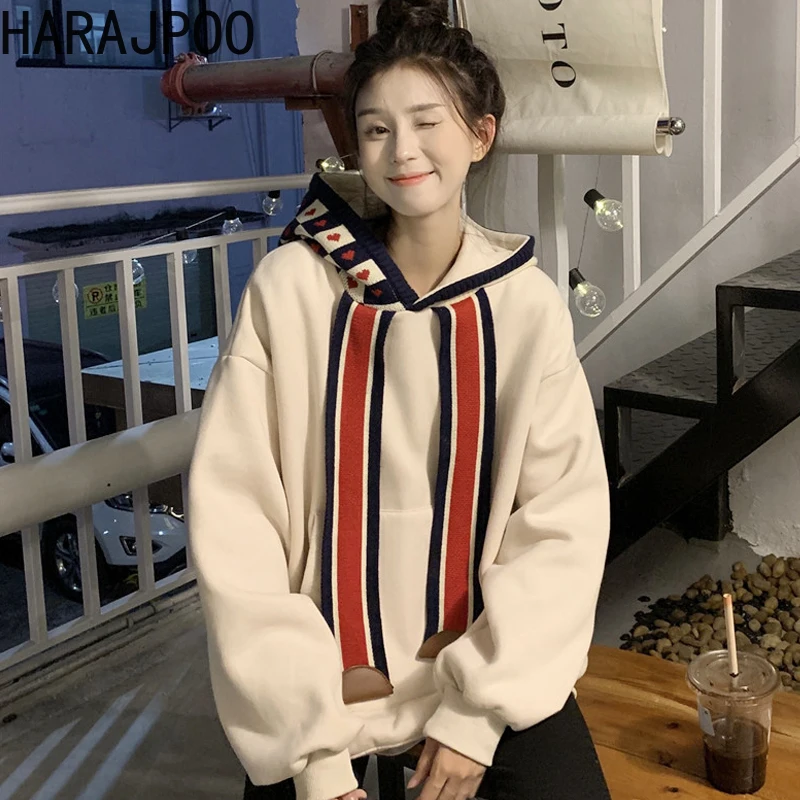 

Harajpoo женский с капюшоном с флисовой подкладкой осень-зима 2021 Новинка Harajuku Свободный корейский шикарный теплый повседневный свитшот с карма...