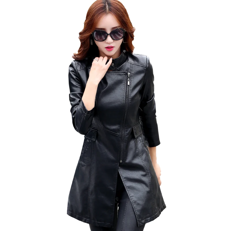 

JCHB 2021 New Spring Autumn genuine leather coat Women's Mid-length coat fashion slim color matching leather windbreaker