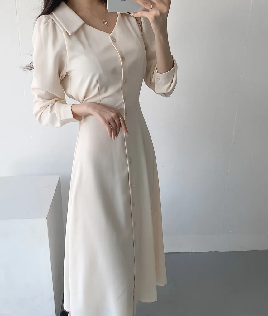

2020 Speing Autumn New Simple Chic Turn-down Collar Long Sleeve Slim Women Elegant Long Robe Midi Dress