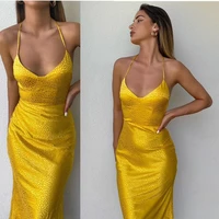 sexy deep v sling dress high waist halter maxi dressed for women bodycon curved yellow outfit night club wear drop shipping
