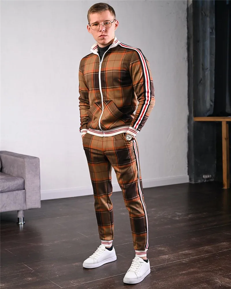 

2021 New Mens Tracksuits Colorful Plaid Casual Zipper Hoodie Set Autumn Male Self Cultivation Sweatshirt Clothes For Men's Suit
