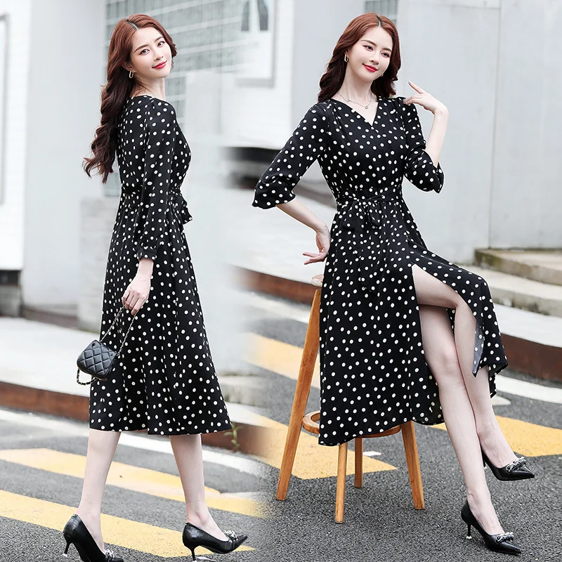 

Осеннее модное Простое Элегантное приталенное повседневное облегающее универсальное платье в горошек