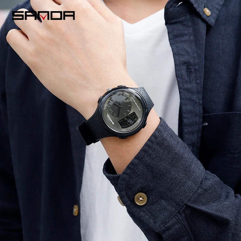 Часы наручные Sanda Мужские кварцевые с двойным экраном водостойкие