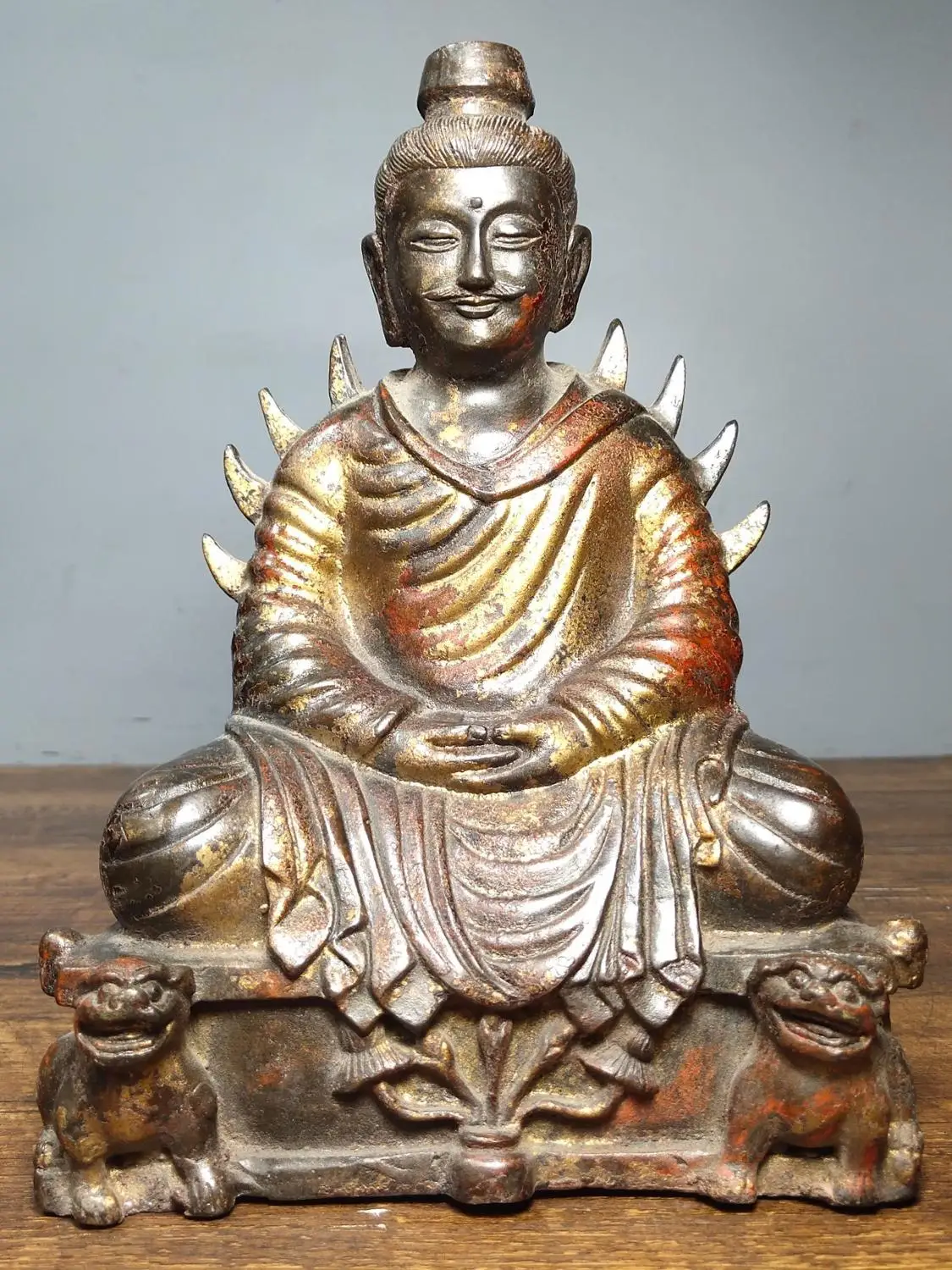 

9" Tibet Buddhism Old Bronze Cinnabars Shakyamuni Buddha Statue Northern Wei period style Amitabha statue Enshrine the Buddha