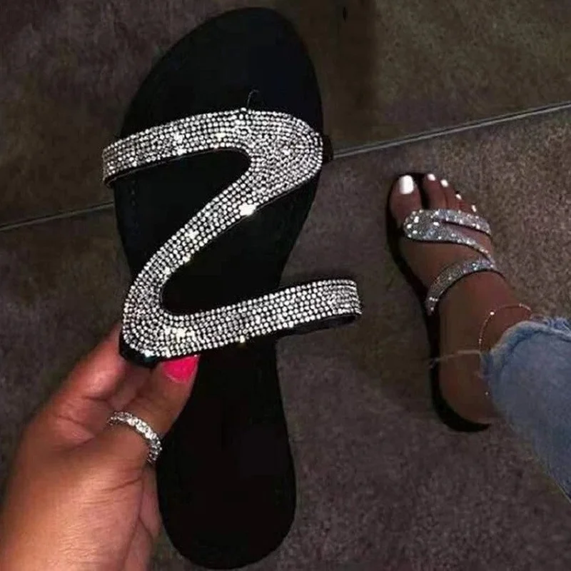

2021 Summer New Fashion Ladies Flip-Flops Rhinestone Flat Women's Slippers Large Size Casual Women's Shoes Zapatillas Mujer