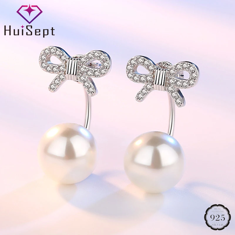 

HuiSept Fashion Pearl Silver 925 Earrings Jewelry Bowknot Shaped AAA Zircon Gemstone Stud Earring for Female Wedding Party Gift