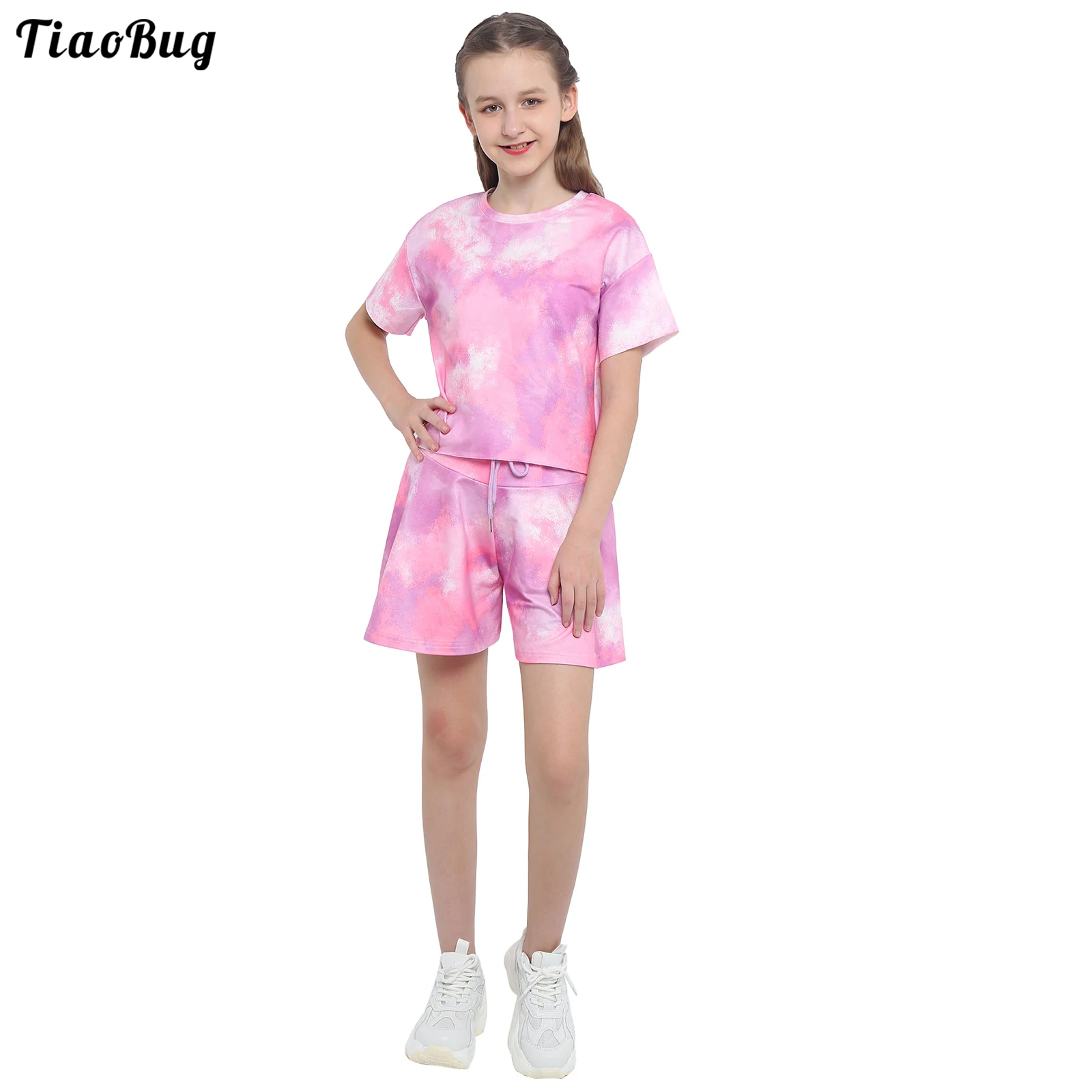 

TiaoBug Summer 3 To 10 Years 2Pcs Kids Girls Tie Dye Print Sport Running Suit Round Neck Short Sleeve T-Shirt Top And Shorts Set