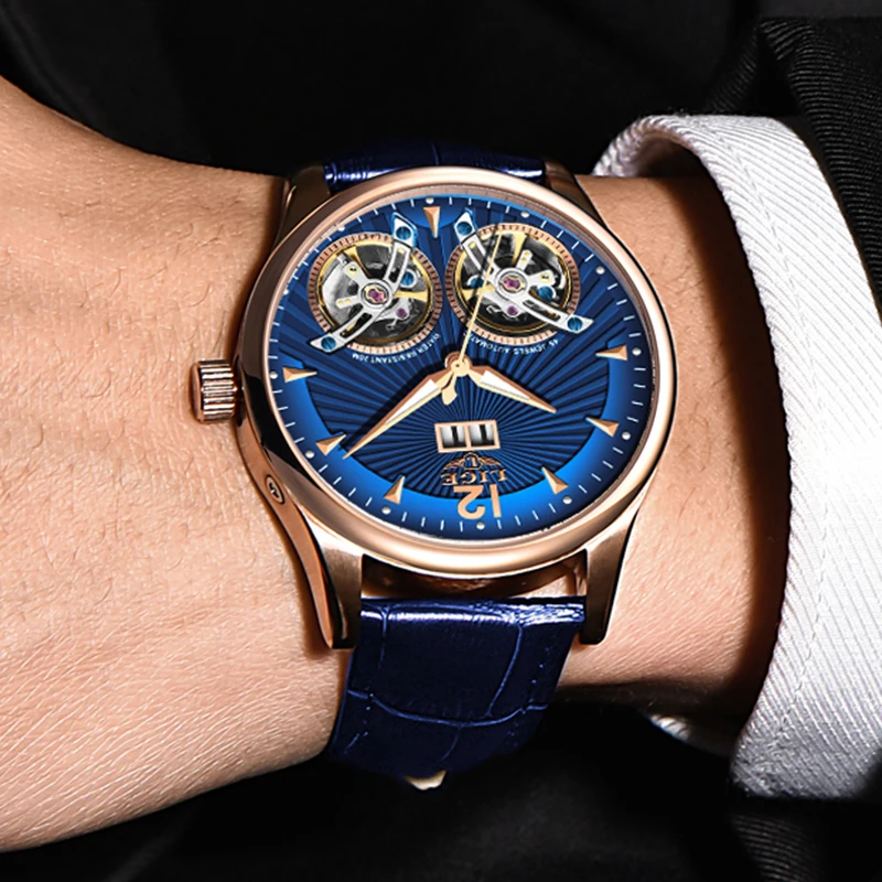 Reloj Hombres LIGE, мужские часы с двойным турбийоном и кожаным ремешком, Топ бренд, Роскошные автоматические механические Спортивные часы, мужские наручные часы