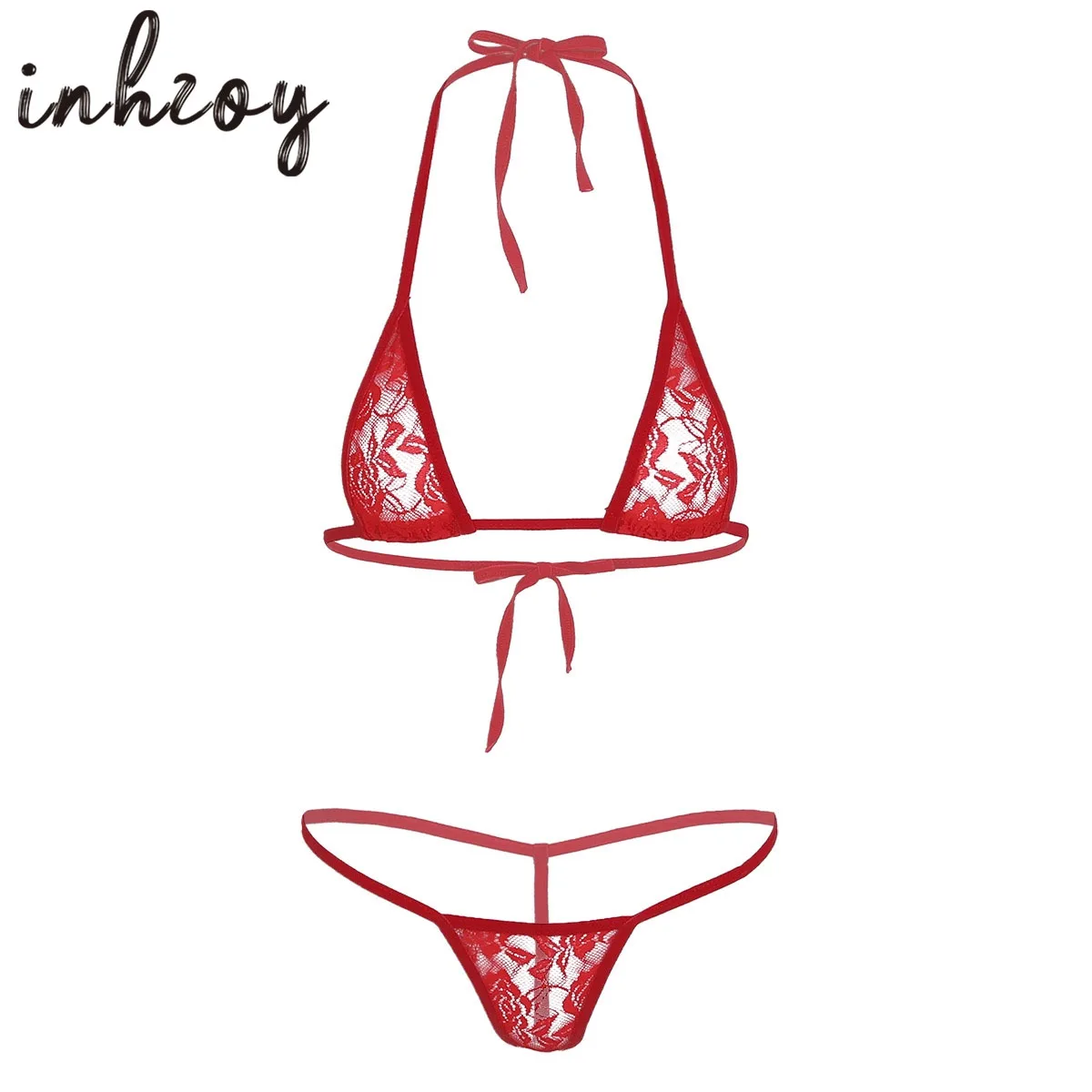 

Women Sexy Sheer Lace Lingerie Set See Through Halter Mini Bikini Transparent Bra with G-String Panties Underwear Porno Nightwea