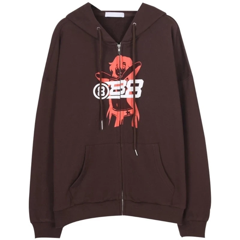 

Zip-up Women Loose Style Hoodies Solid brown Sleeve Oversized Hooded Vintage Sweatshirt Lady Casual Large Coats
