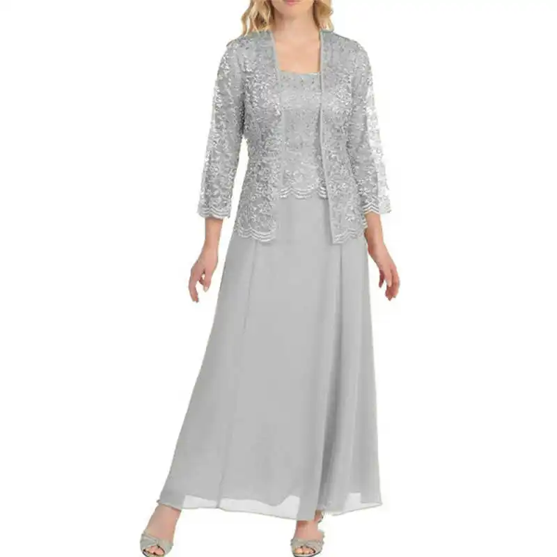 

Size Formal Long Sleeve O-Neck Coat+Dress Two Women Maxi Piece Plus Lace Dress