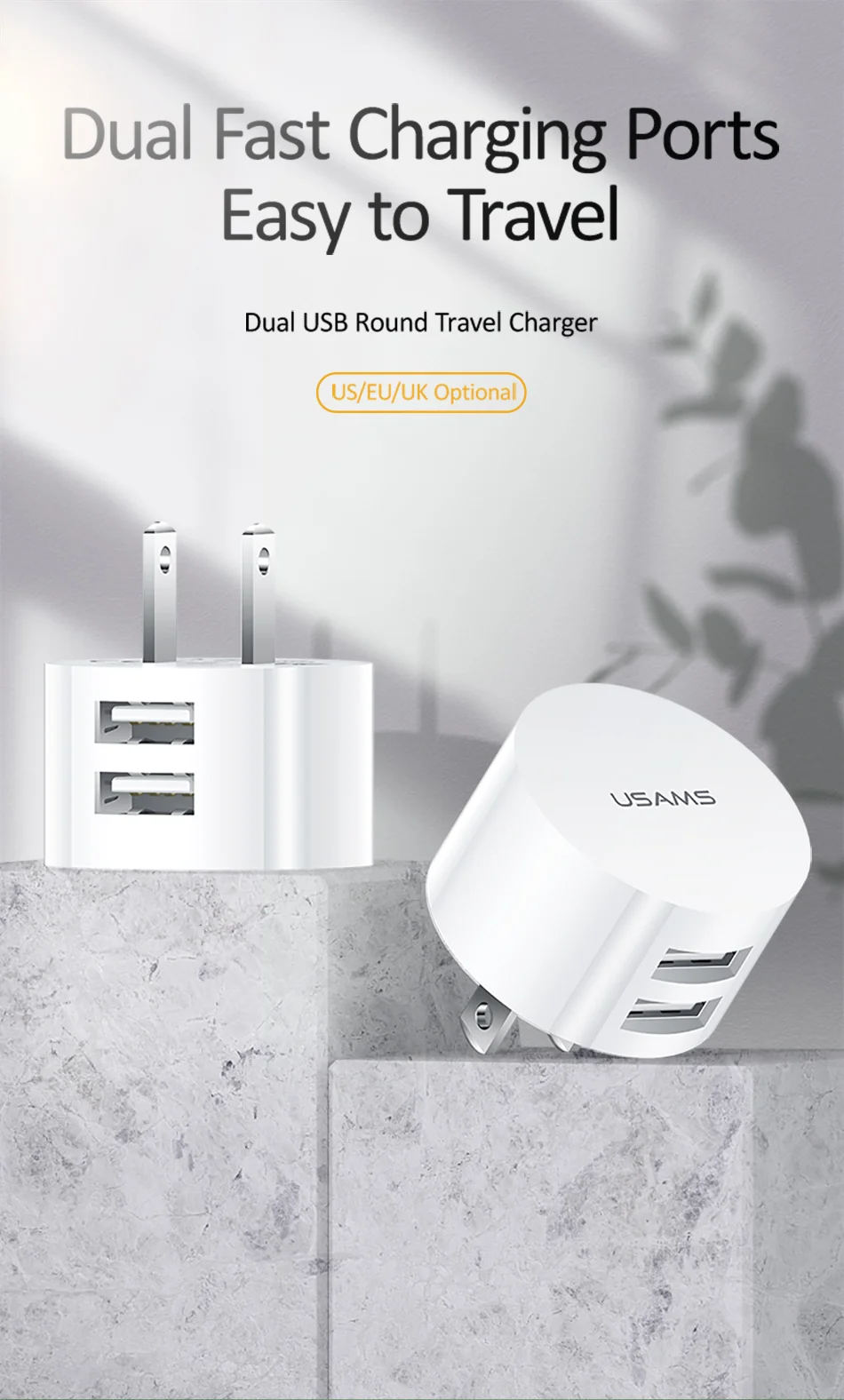 USAMS 5 в 2.1A двойное USB зарядное устройство для iPhone iPad US/EU/UK быстрое зарядное устройство для samsung Xiaomi Mini круглое дорожное зарядное устройство для телефона