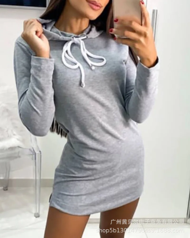 

Женское мини-платье, новинка 2021, светло-серое повседневное осеннее платье-свитшот с капюшоном и длинным рукавом, с разрезом