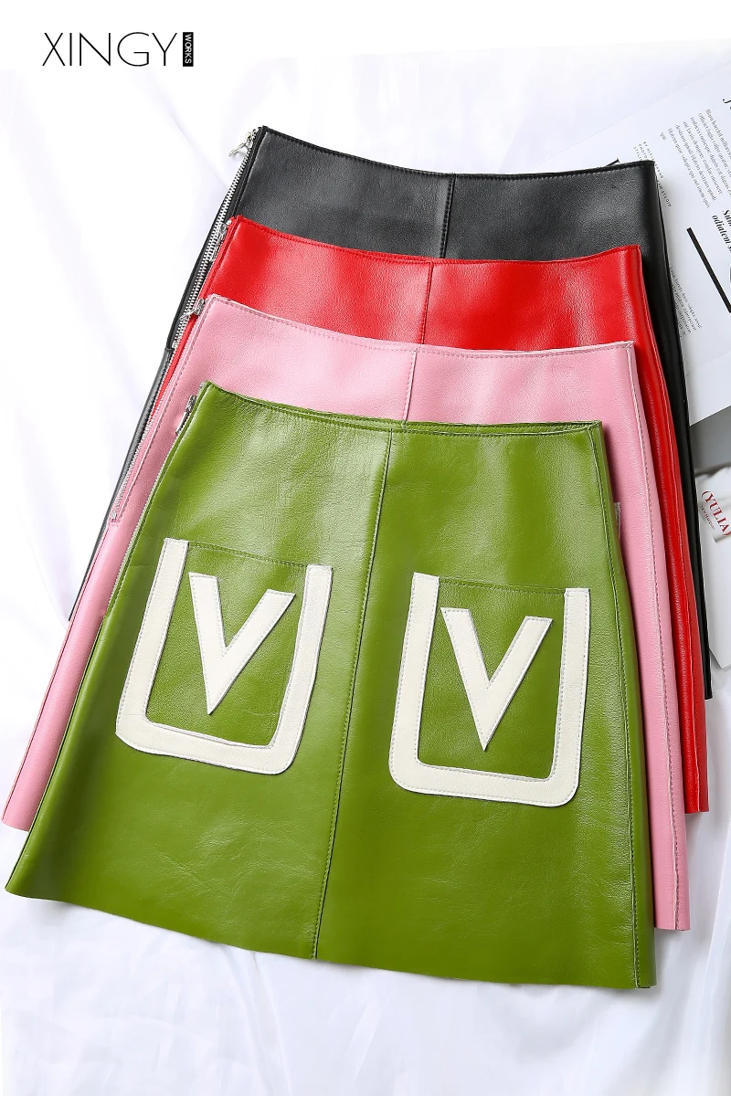 

Saia Longa 2020 Skirt Faldas Genuine Leather Top Empire A-line Mini Women's 2019 New A Word Sheepskin Letter Pocket