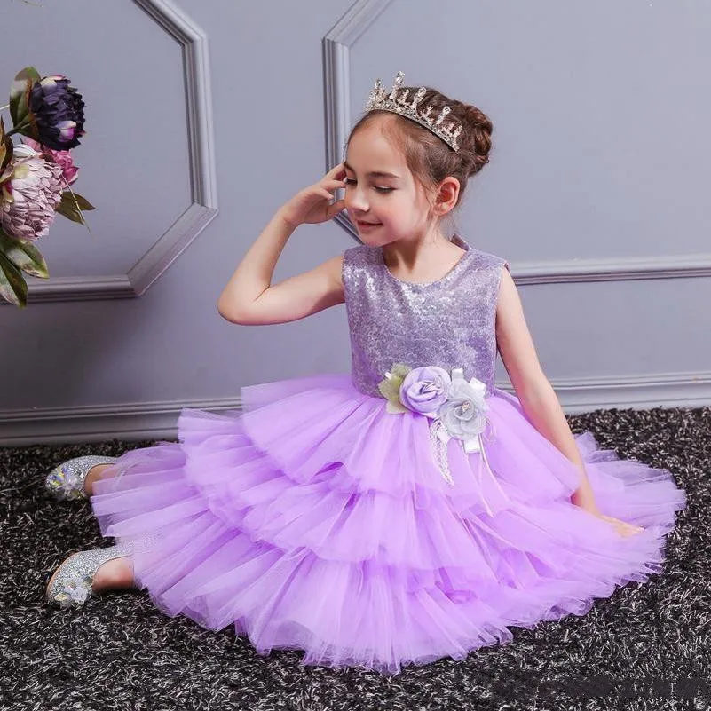 

Cute Purple Knee Length Baby Girls Dress Tulle Sequins Princess Pageant Gown Wedding Flower Girl Dress