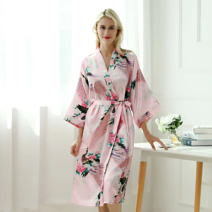 Pink Женские сексуальные костюмы, японское кимоно, юката, платье с поясом, атласный Шелковый кардиган, пижама, одежда для сна, Женский Гладкий купальный Халат - Цвет: Pink