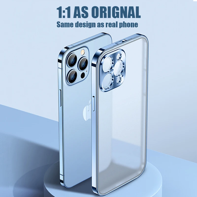 Funda de Metal de aluminio de lujo para iPhone, carcasa transparente mate de vidrio de doble cara para iPhone 13 Pro Max 13pro 360, cubierta protectora completa a prueba de golpes-3