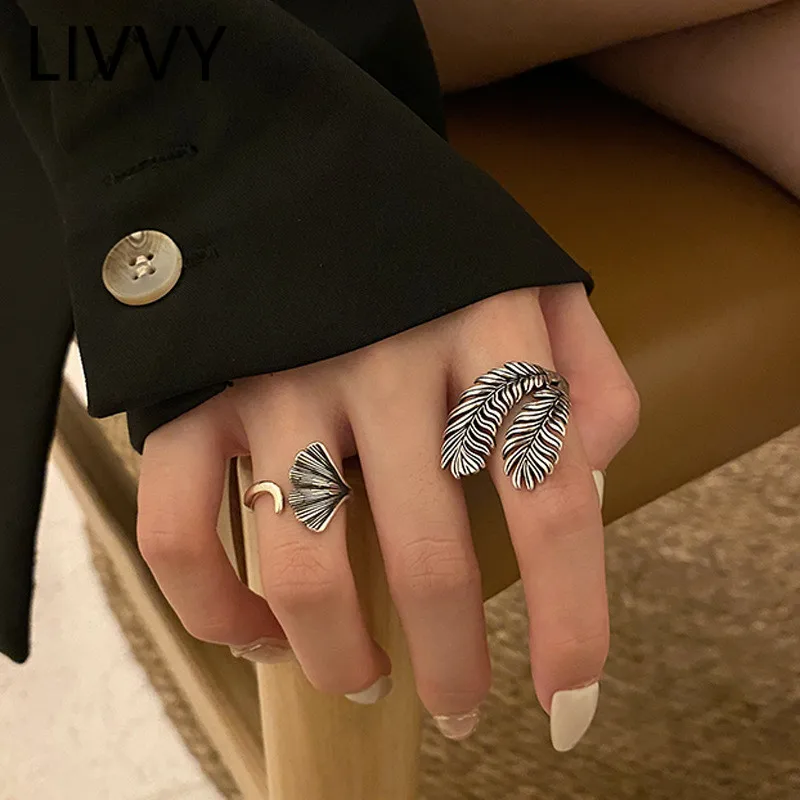 Thai Silver Color Adjustable Opening Rings Female Fashion Creative Vintage Punk Feather Ginkgo Leaves Party Accessories Gifts