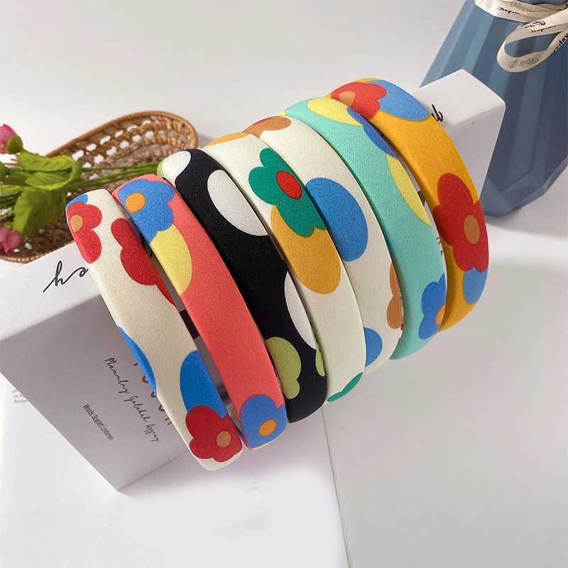 

New Fashion Candy Color Flower Printing Thick Hair Hoop Women's Beautiful Bezel Padded Headband Makeup Wash Face Daily Headwrap