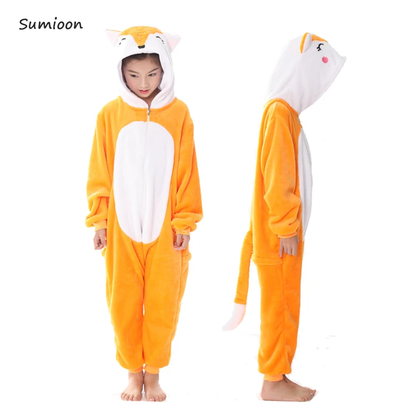 Fox Кигуруми Onesie Дети Единорог пижамы детские животные панда комбинезон с изображением свинки костюм для мальчиков и девочек Зима Дети Единорог пижамы одеяло - Цвет: Fox