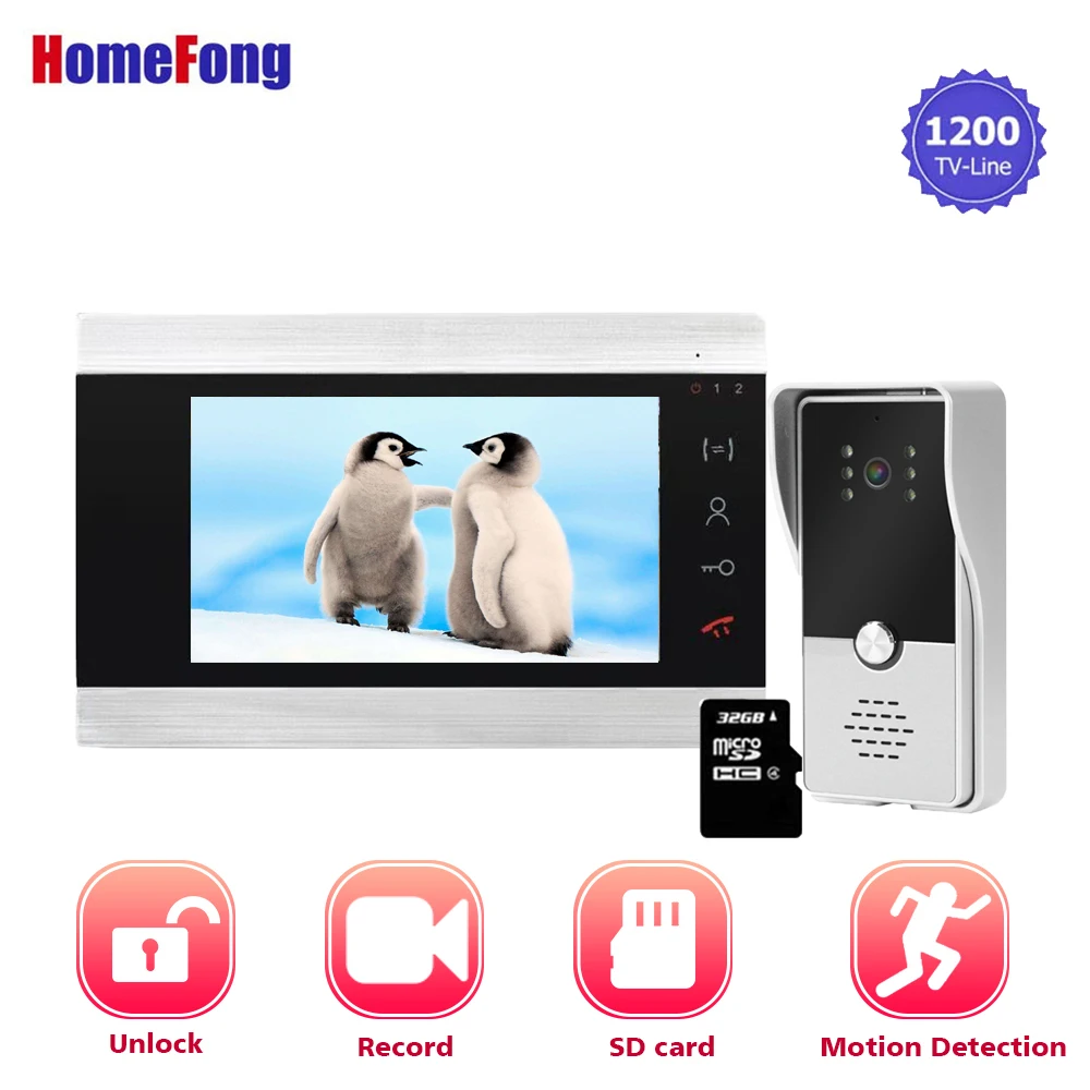 Homefong7 дюймов видео дверной телефон видео дверной звонок домофоны для личного дома запись обнаружения движения SD карта - Цвет: With 32GB SD Card