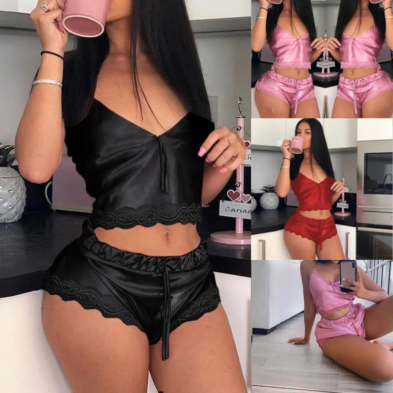 

Ladies Sexy 2 Piece Satin Silk Pajama Set Sleeveless Pyjamas Sleep Shorts Set Lace Pijama Suit Sleepwear For Women Sexy Nighties