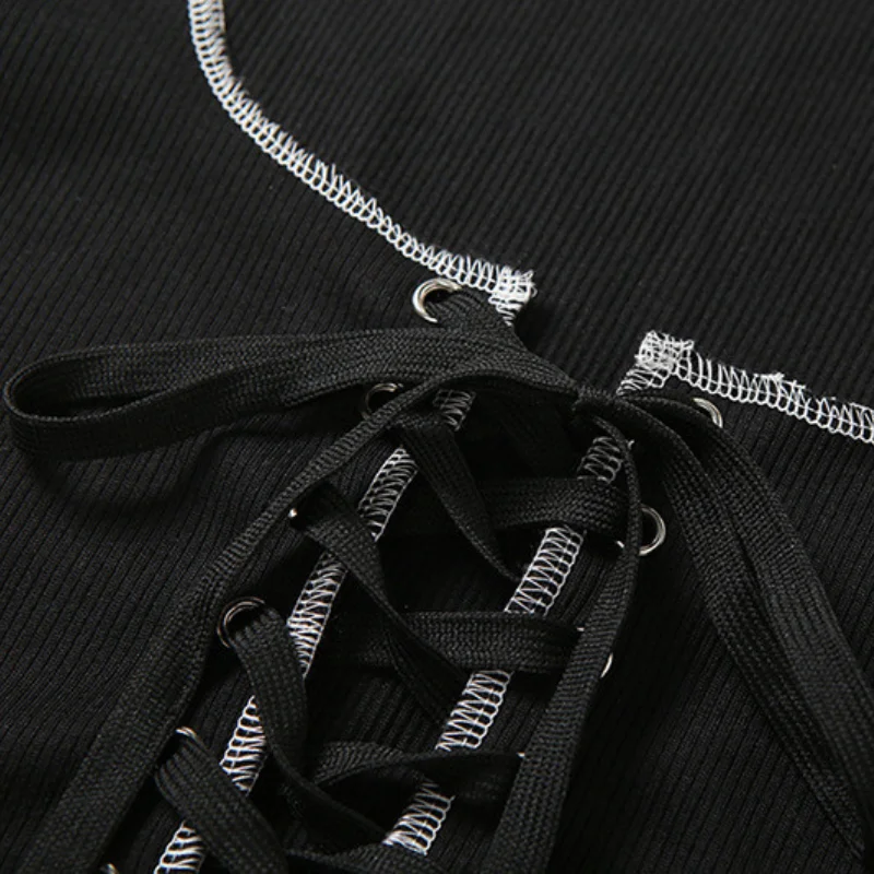 

Summer Sexy Round Collar Short Sleeve Fashion Patchwork Sexy Bandage Slim T-shirts Casual Lace-up Split Crop Top Women's Clothes