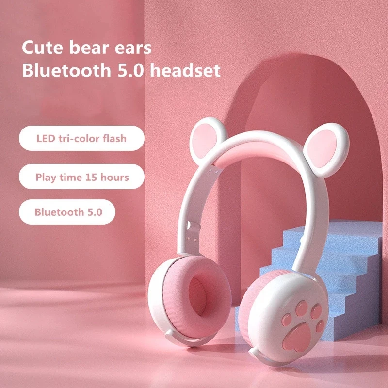 

BK5 Bluetooth 5.0 Headphones Glowing Cute LED Cat Bear Paw Girls Gift Kids Headset AUX Wireless HIFI Stereo Bass Mystery Gift
