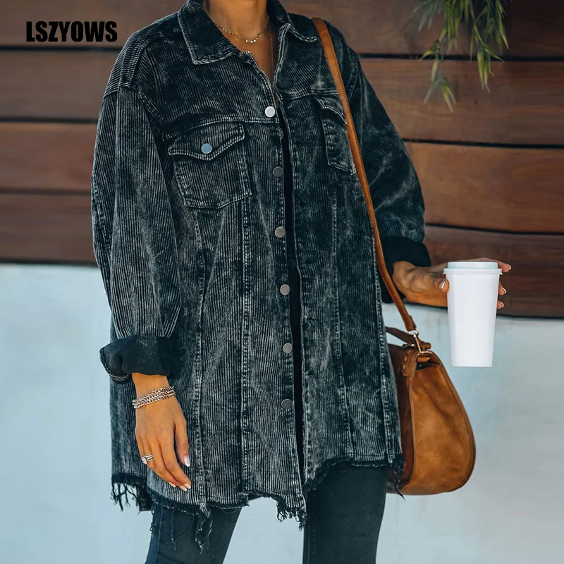 

Модная женская Вельветовая куртка в винтажном стиле с кисточками и отложным воротником, зимние женские пальто на пуговицах с длинным рукав...