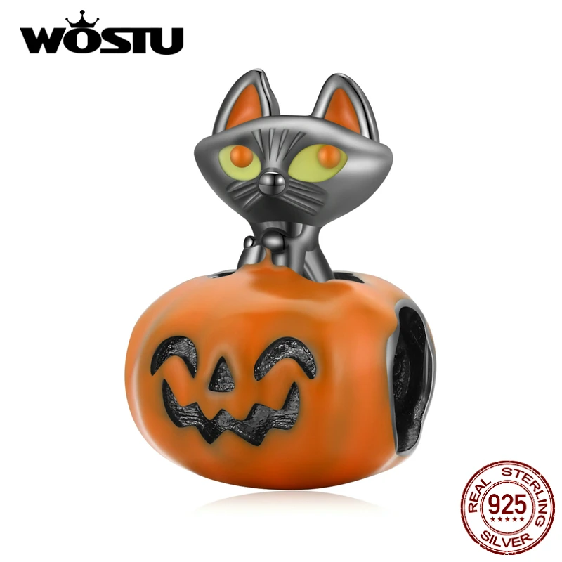 

WOSTU 925 Sterling Silver Dark Style Pumpkin Dark Black Cat Charm Charm Beads Fit Original Bracelet DIY Jewelry CTC522