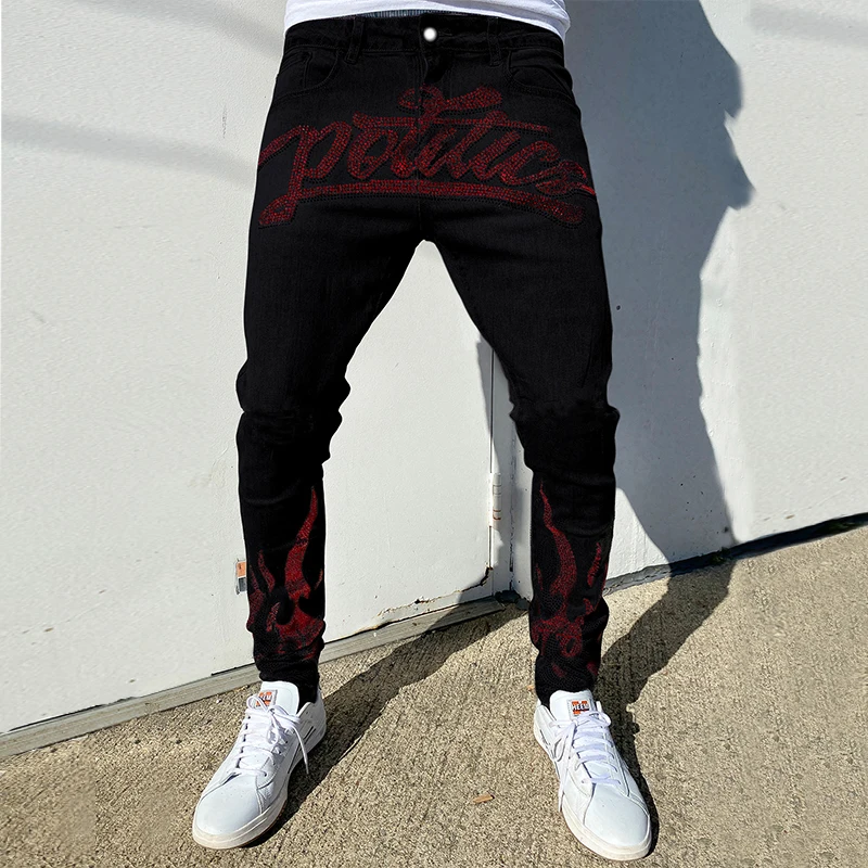 Men's Quilted Embroidered jeans Skinny Jeans Ripped Grid Stretch Denim Pants MAN Elastic Waist Patchwork Jogging Trousers | Мужская