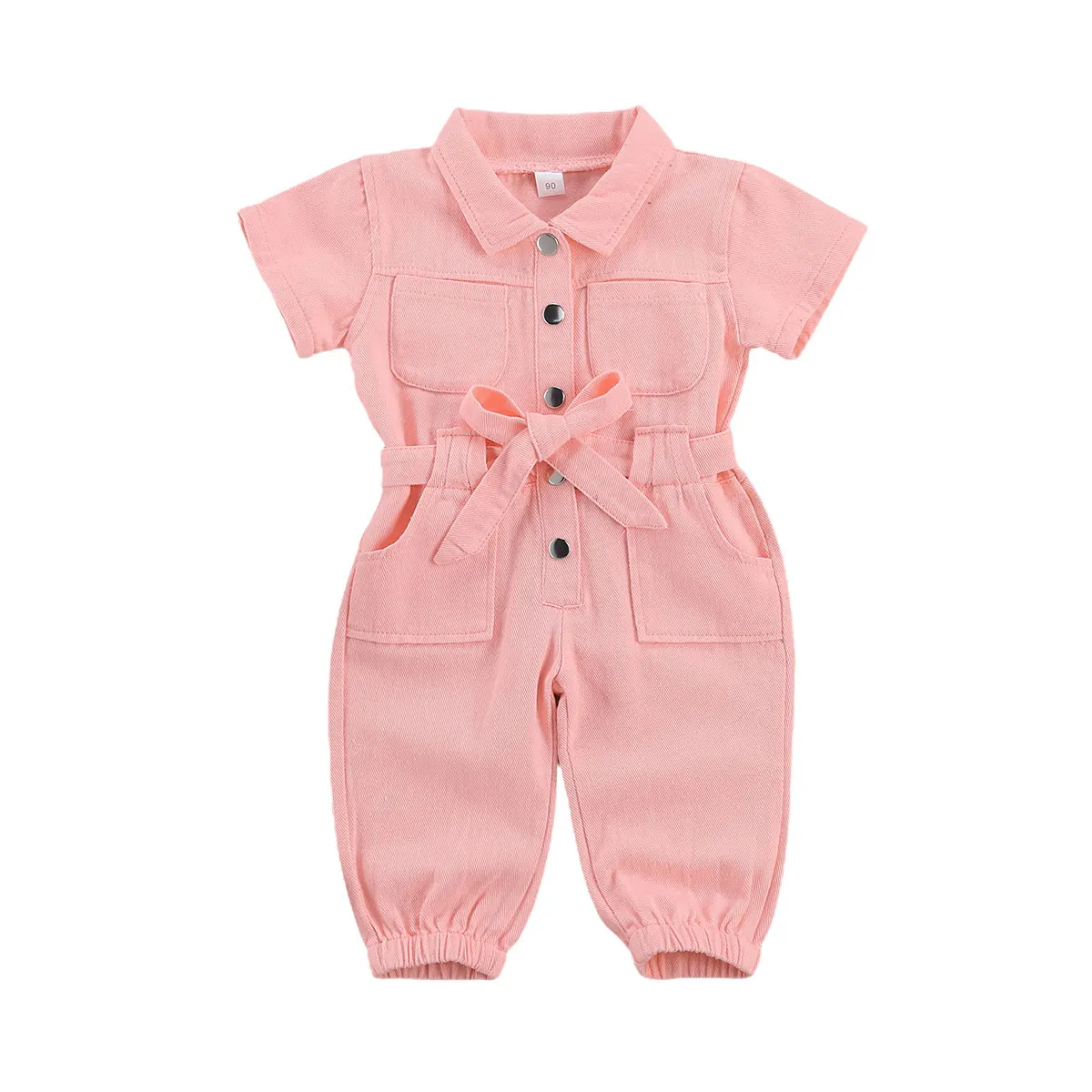 

Fashion Girls' Jumpsuit Clothes Solid Short Sleeve Single Breasted Turn Down Collar Rompers 1-6Y