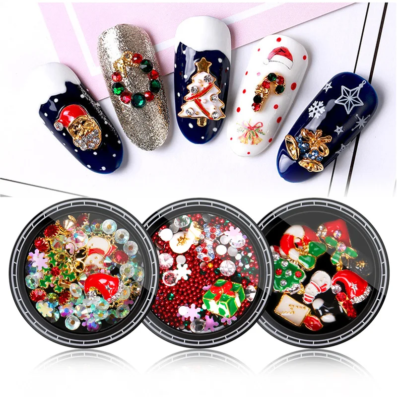 

8 Styles Christmas Manicure Ornaments Santa Claus Snowflake Gift Alloy Rivets Pearl Mixed Nail Rhinestones
