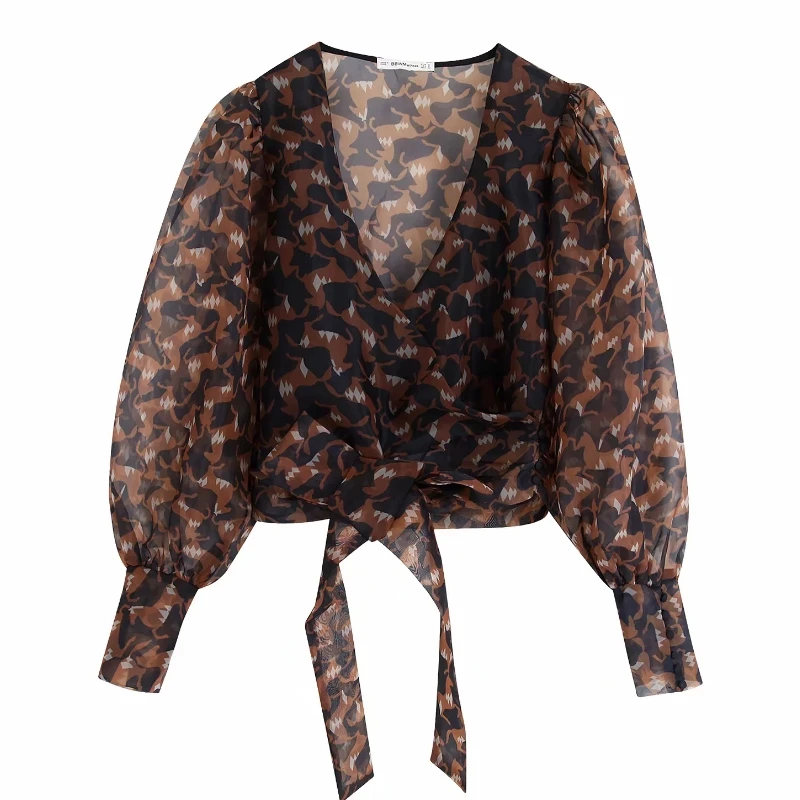 Женская прозрачная блузка-кимоно с v-образным вырезом и бантом на подоле | одежда