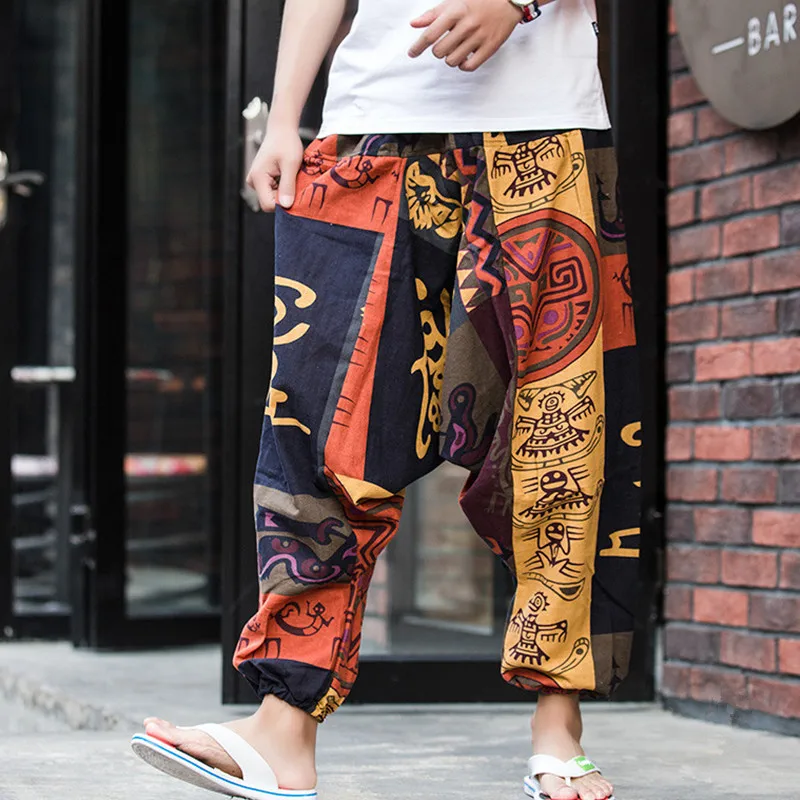 Брюки султанки мужские с принтом льняные свободные штаны в стиле хип хоп модные