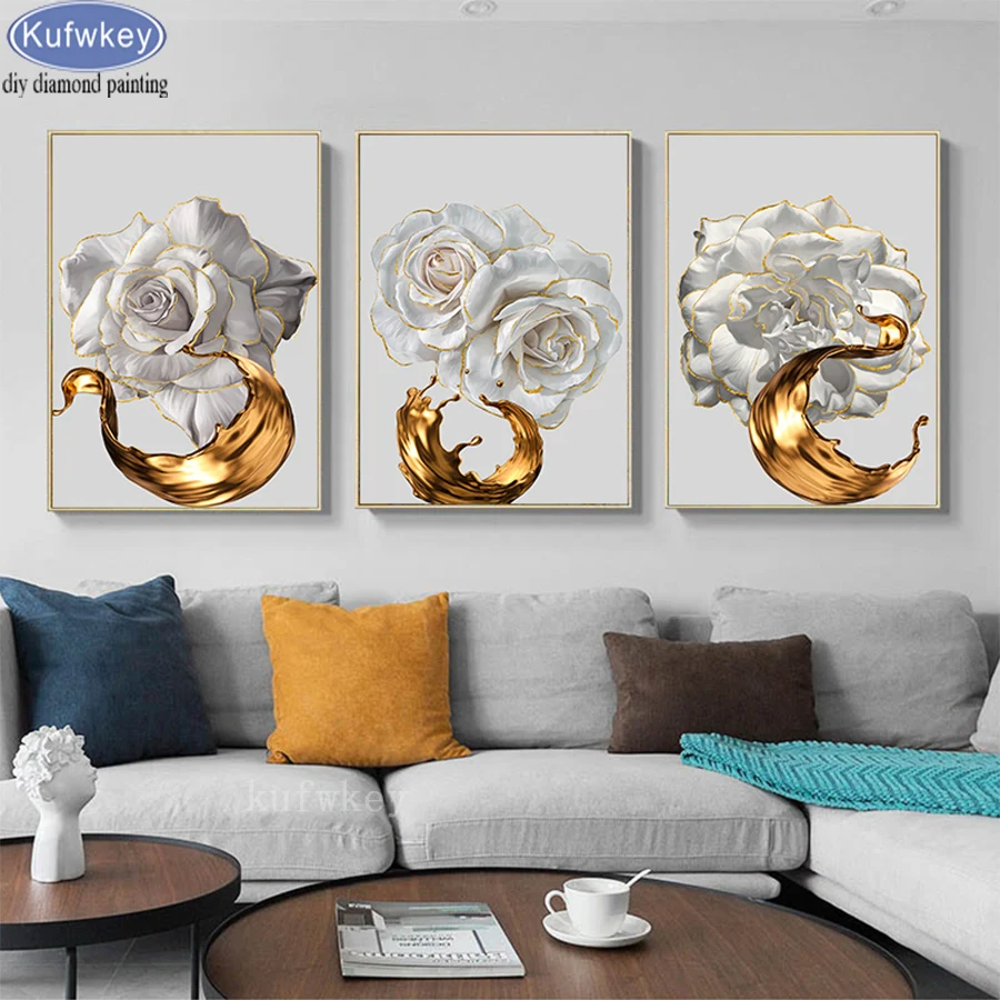 

5D Diamond Painting White rose flower golden abstract 3pcs Full Square drill Diamond Mosaic DIY Beaded Needlework Decoration new