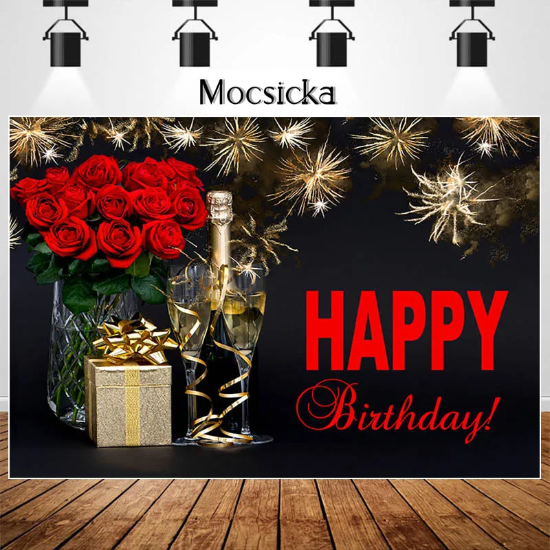 

Mocsicka фон с днем рождения красная роза шампанское фейерверк Декор баннер реквизит на заказ День Рождения фотография фон