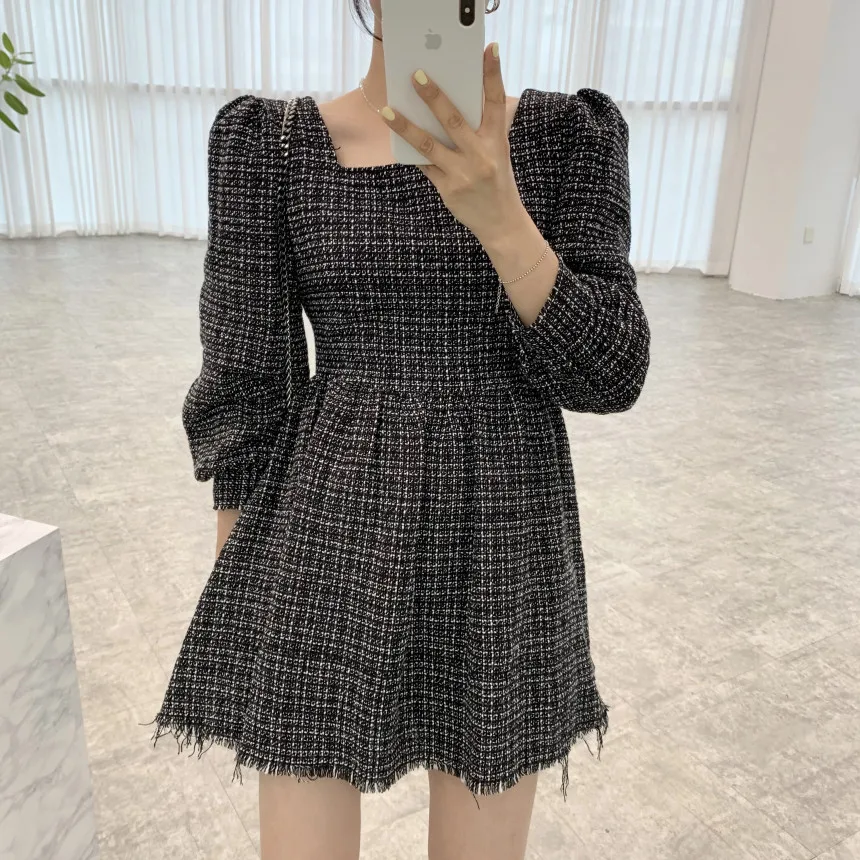 

Tweed Dress Square Neck Tassel dress Puff Sleeve Short Robe Retro Mini A-line Autumn Korean Dresses 2021 fall jurk