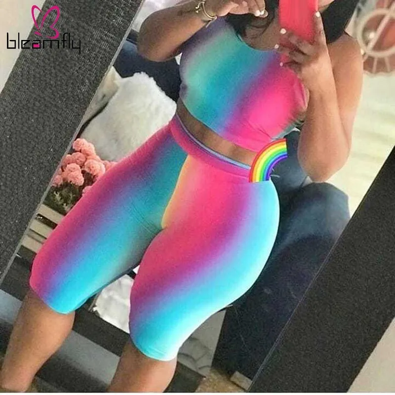 Летние женский комплект 2 шт. шорты для фитнеса байкерские с принтом Tie Dye