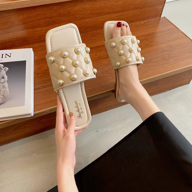 

Slippers Casual Shoes String Bead Low Square Toe Slipers Women Slides Luxury Rubber Flat Soft 2021 Leisure Rome PU Slippers Casu