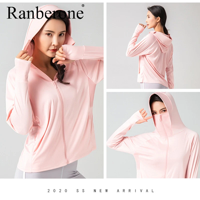 Women’s Sun Protection Clothing Ice Silk Sport Coat Hooded Lightweight UV-resistant Long Sleeves Running Fitness Riding Coat