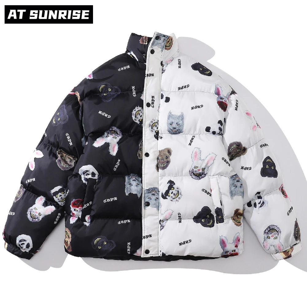 

Men Hip Hop Patchwork Parka Jacket Streetwear Animals Print Windbreaker Jacket Harajuku Cotton 2021 Winter Padded Jacket Coat