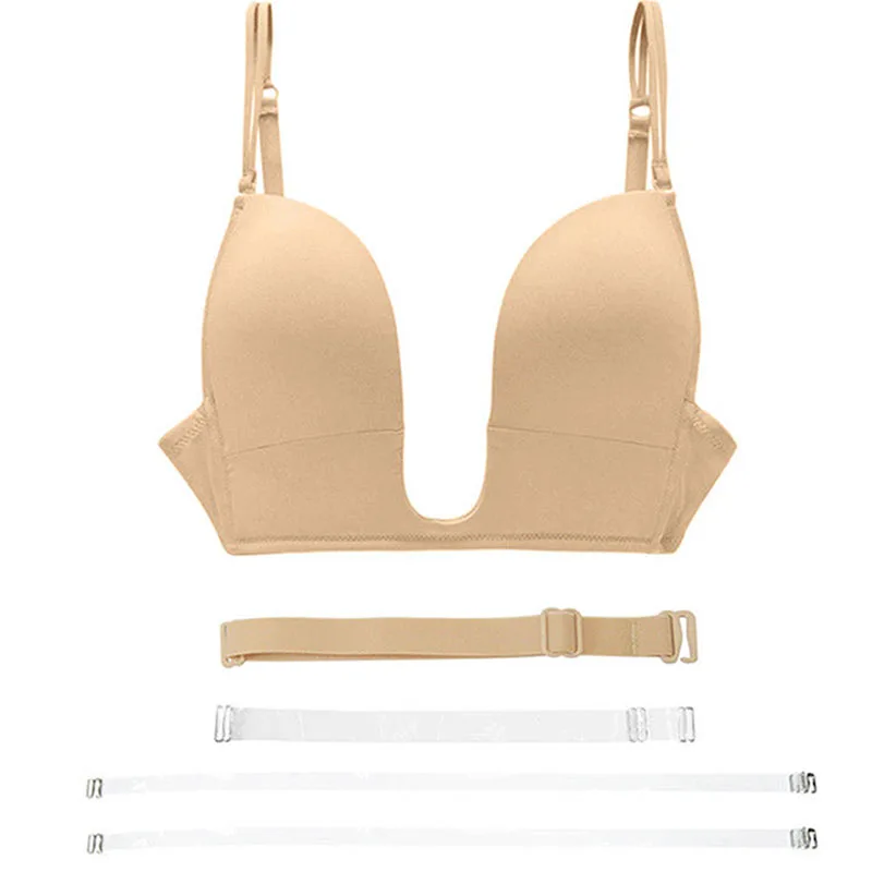 Vgplay Deep Plunge Bra Thin Padded Push Up Women's Underwear Transparent Straps Adjusted Wedding V Neck Bras For Women