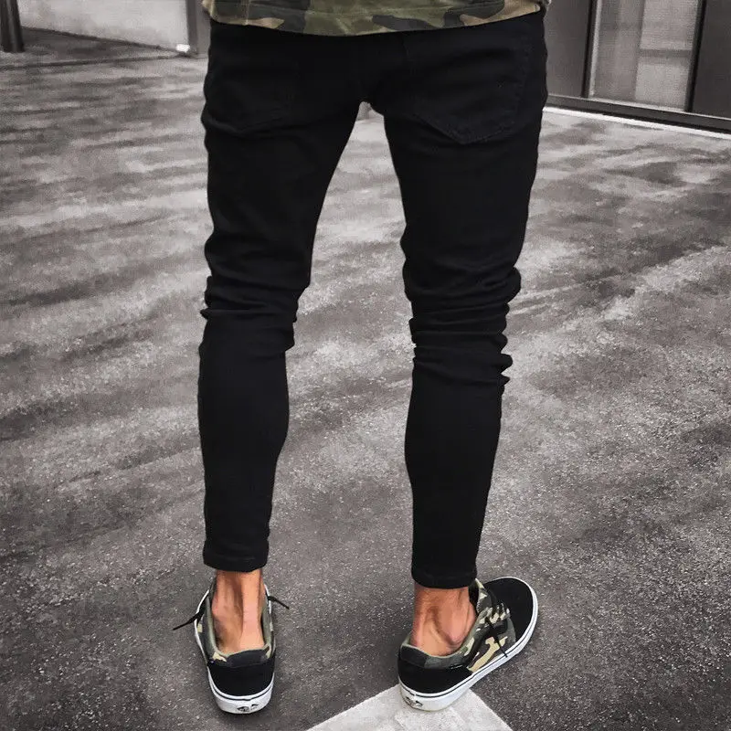 Men's Cool Designer Brand Jeans Ripped Black Skinny Destroyed Grind Flanging Stretch Slim Fit Hop Hop Pants With Holes For Men