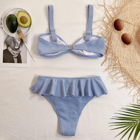 Floral Ruffled Hem Bikini Set Solids Swimwear Separates Ribbed Knot Swimsuits Women Sweet Beachwear Bathing Suits